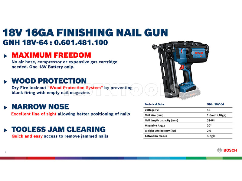 Bosch 18V Finishing Nailer 32-64mm Tool Only GNH18V-64