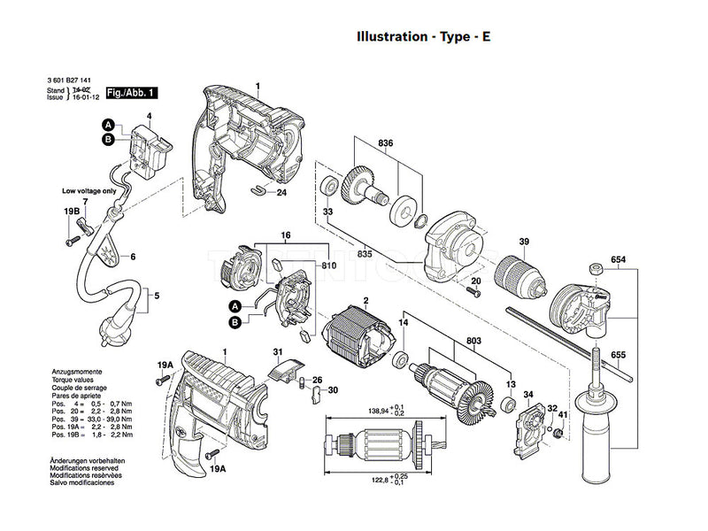 Bosch GSB13RE Spare Part Number 803 - Armature 230V 2609199667