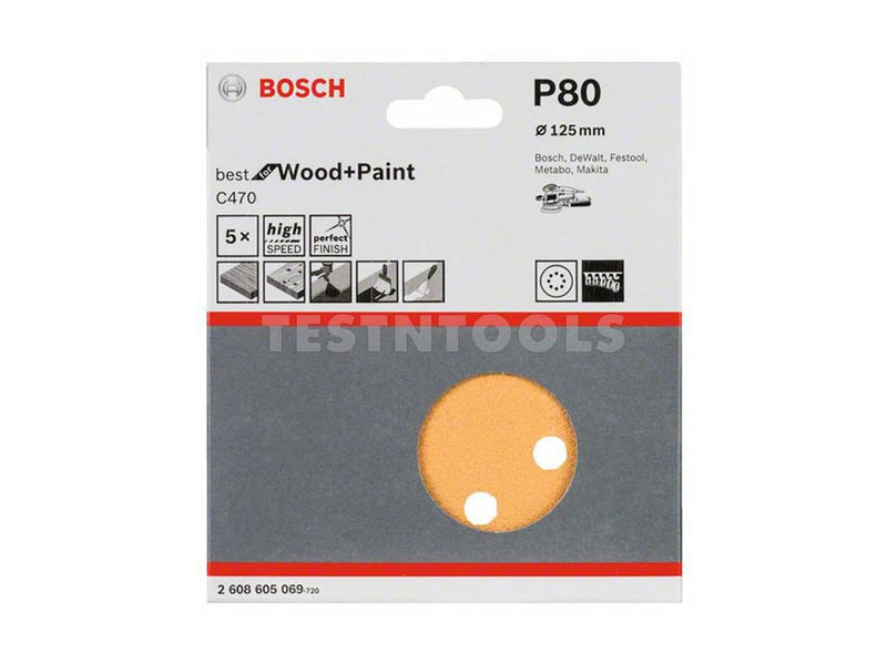 Bosch Sanding Discs C470 For Wood And Paint 5PC 125mm 80 Grit