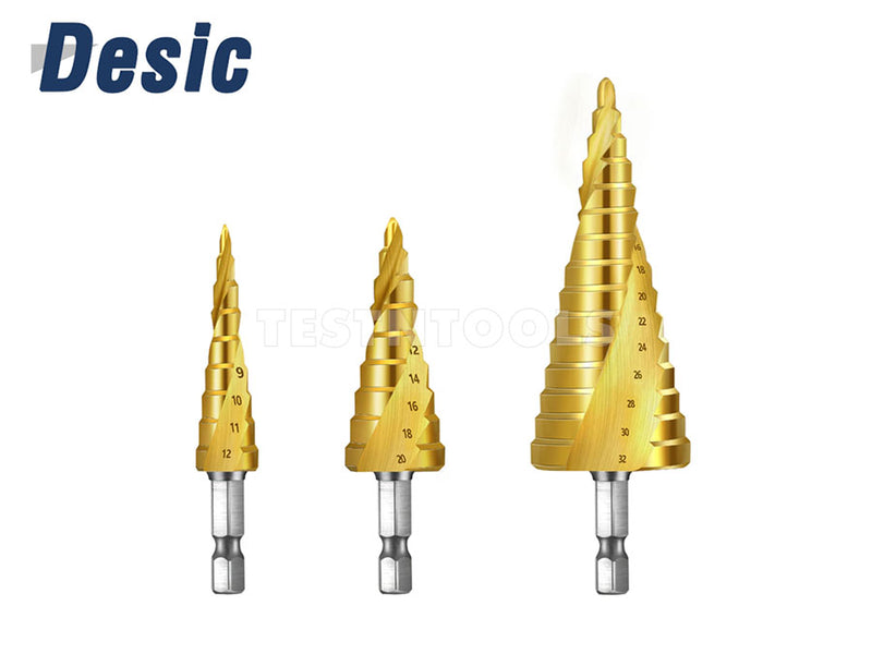 Desic Step Drill Set 3 Pieces Spiral Flute TiN Coated Hex Shank 4-32mm