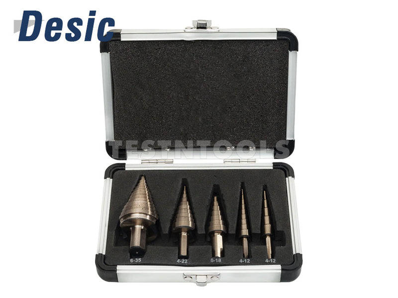 Desic Step Drill Set 5 Pieces Straight Flute Cobalt With Aluminium Case 4-35mm