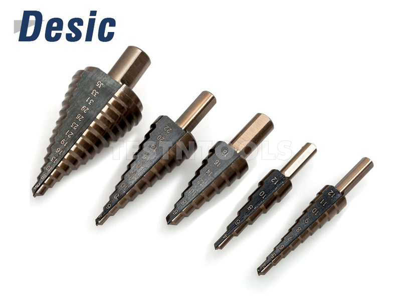Desic Step Drill Set 5 Pieces Straight Flute Cobalt With Aluminium Case 4-35mm