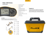 Fluke 1660 Series handheld multimeter with its yellow and black storage case, shown on a white background with feature callouts, adapter diagram, and included accessories.