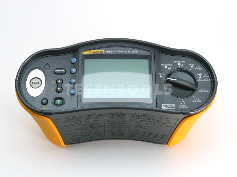 A Fluke 1662 Multifunction Tester device with a black and yellow plastic housing, featuring a central LCD screen, rotary dial, and various control buttons on a white background.