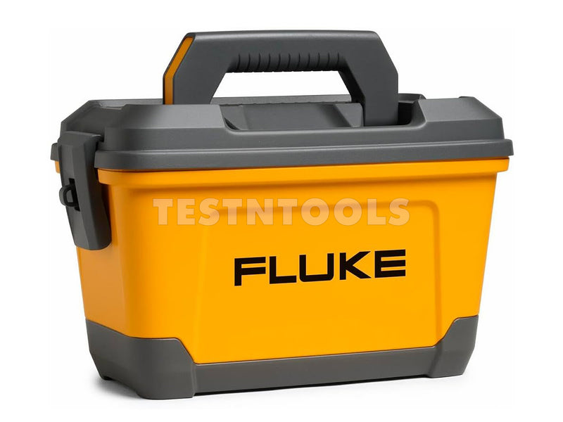 A Fluke yellow and gray hard plastic tool case with a carrying handle, shown on a white background with a Testntools watermark overlay.