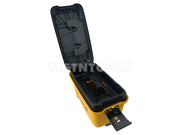 A Fluke yellow and black hard protective storage case shown open on a white background, with a foam insert inside and a small latch extending from the front.