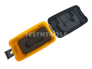 A yellow and black hard plastic protective case shown open on a white background, with foam inserts inside and a semi-transparent TESTNTOOLS watermark across the center.