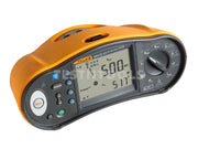 A Fluke 1664-FC 240V AC Multi-Function Tester with a bright orange and black plastic housing, featuring a digital LCD screen and rotary control dial, isolated on a white background.