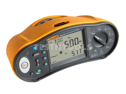 A Fluke 1664-FC 240V AC Multi-Function Tester with a bright orange and black plastic housing, featuring a digital LCD screen and rotary control dial, isolated on a white background.