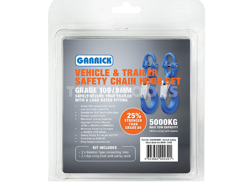 Garrick Safety Chain Hook Set 8mm 5000kg G100 for 10mm/13mm Chain GSCHS8MM