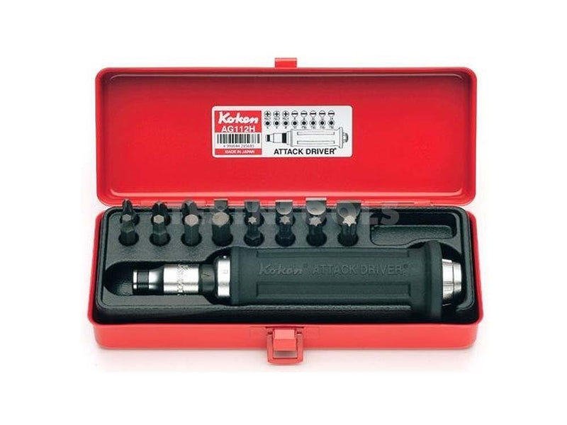 Koken Attack Driver Set Rubber Grip 1/2" Drive Phillips Flat Hex Torx Bits 18Pc AG112H
