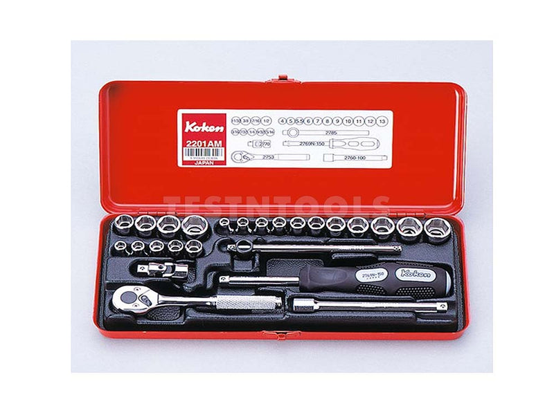 Koken Socket Set 1/4" Drive 3/16 - 1/2" & 4 - 13mm 6PT 25 Piece 2201AM