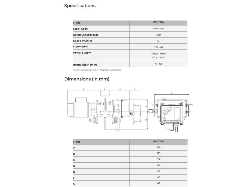 Pacific Porta Hoist Motorised Trolley 500kg PPHT050