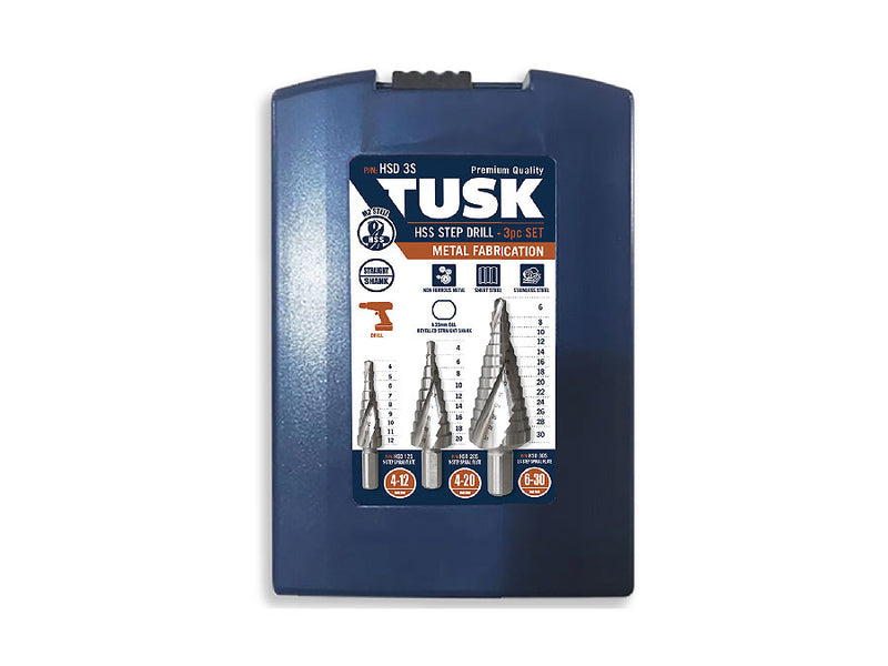 Tusk HSS Step Drill Bits Set 12mm - 30mm 3 Piece Straight Shank HSD3S