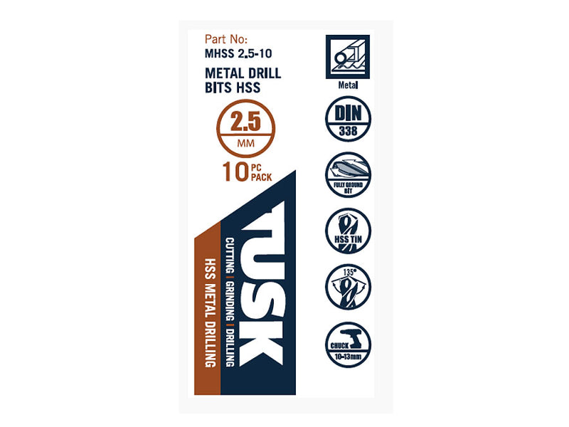 Tusk Metal Drill Bits HSS 2.5mm 10 Piece MHSS2.5-10