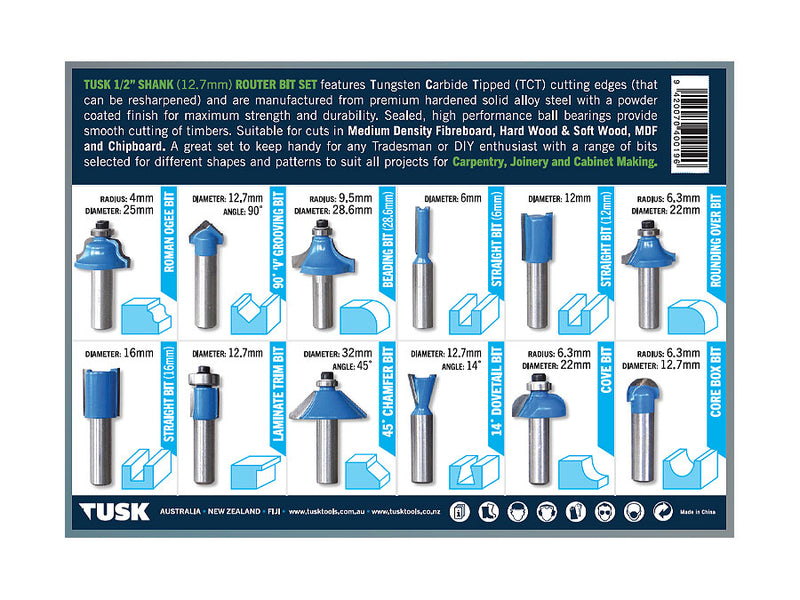 Tusk TCT Router Bits Set 1/2" 12 Piece RBT121