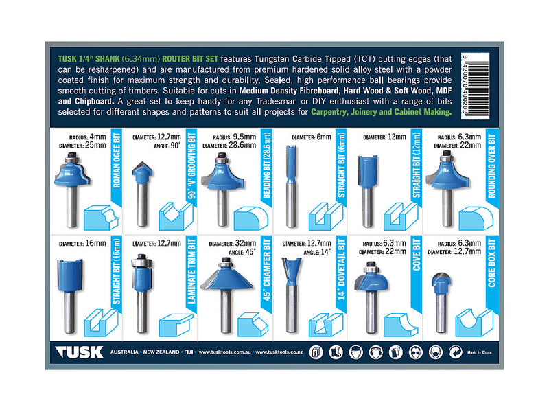 Tusk TCT Router Bits Set 1/4" 12 Piece RBT122