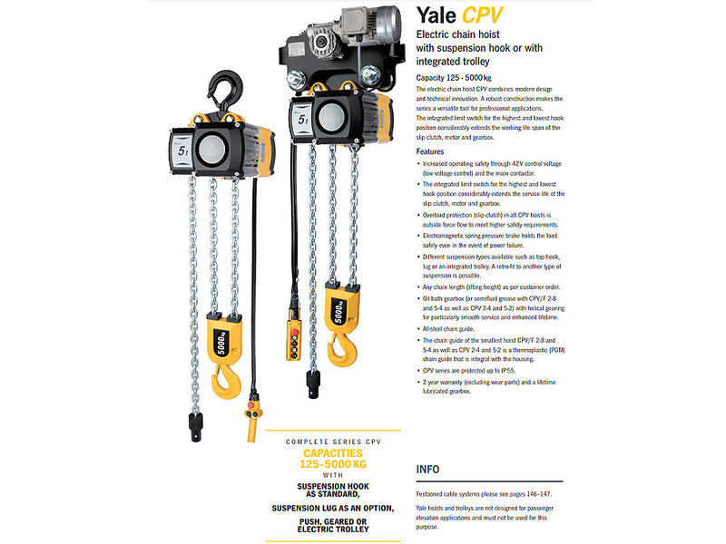 Yale Electric Chain Hoist 6m 0.25T 3 Phase Dual Speed YEH025